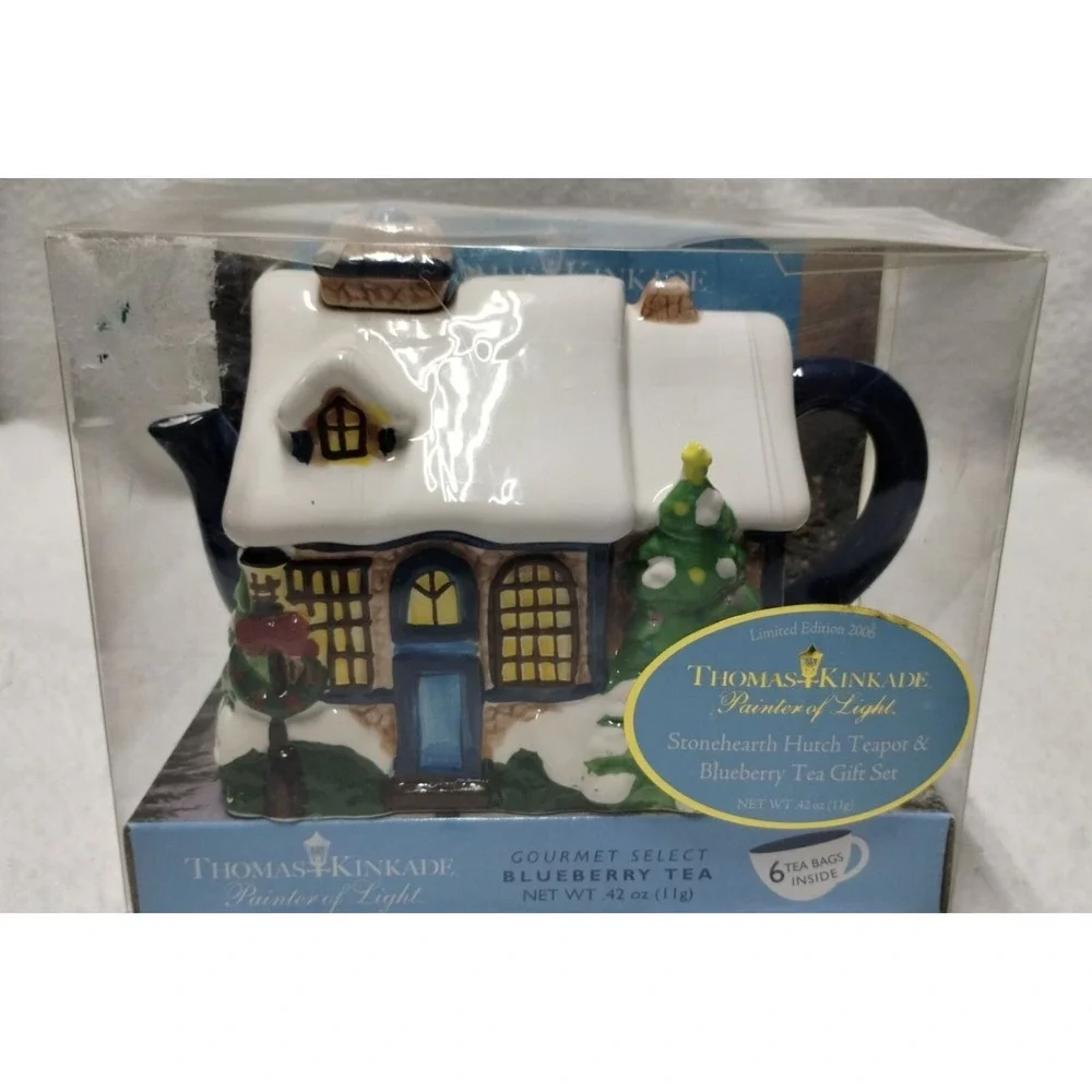Thomas Kinkade Stone hearth Hutch Teapot Blueberry‎ Tea Gift Set 2006